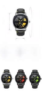 Detailed specs of wheel hub men's quartz watch with 44mm case and leather strap