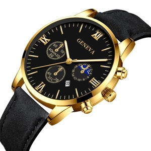 Detailed close-up of quartz watch featuring three sub-dials and gold steel case