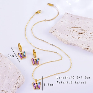 Detailed view of colorful crystal butterfly necklace and earrings set with size measurements