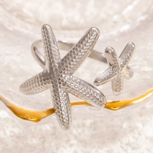 Personalized Stainless Steel Starfish Seashell Hammered Texture Adjustable Open Ring For Women Men INS Style Waterproof Fashion Jewelry