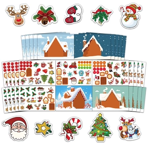 Detail of Christmas DIY gingerbread house sticker set with festive Santa and reindeer designs