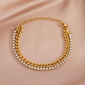 Double Layer Bracelet Stainless Steel Rhinestone Cuban Link Tennis Chain Adjustable Trendy Fashion Jewelry Unisex