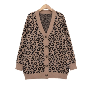 Women Leopard Print Knit Cardigan V Neck Button Down Loose Long Sleeve Polyester Jacquard Sweater Casual Outerwear