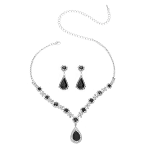 Sparkling crystal water drop necklace and earrings set with black gemstones in silver finish