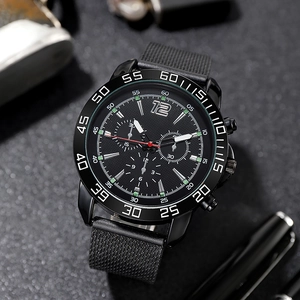 Men's matte black quartz sports watch with three-eye dial and woven silicone strap