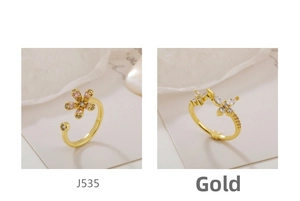 Detail of gold butterfly and flower rings with pink and clear zircon micro-paving