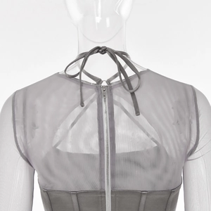 Detail view of grey mesh corset top back featuring zipper closure and neck tie design