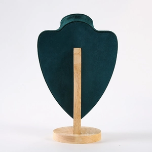 Detail view of the back structure of solid wood necklace stand with dark green velvet