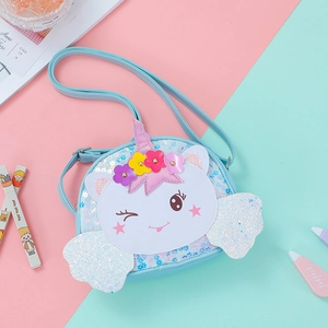 Detail of glitter unicorn crossbody bag for girls with adjustable strap and 3D floral accents