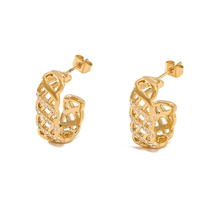 Elegant 18k gold plated C-shaped grid earrings with sparkling cubic zirconia stones