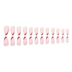 Pink almond press-on nails with red french tips and gold glitter lines, 24 piece set