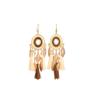 Bohemian vintage long tassel earrings with golden leaf charms and beaded metal rings
