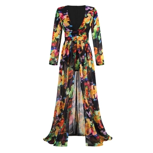 Two-piece floral print maxi dress with deep V-neck and long sleeves on white background