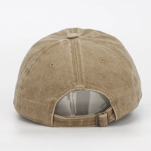 Detail view of khaki washed cotton baseball cap with adjustable metal back buckle closure