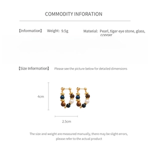 Detailed product specs of retro tiger eye stone and pearl teardrop earrings with dimensions