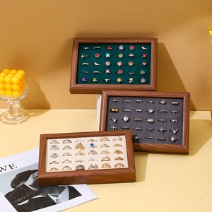 Walnut wood ring display trays with premium velvet slots in multiple elegant colors