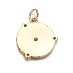Detail view of the polished golden round disc pendant back showing screw holes and jump ring