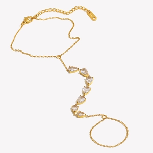 Bracelet bague main en plaqué or 18K avec zircons gouttes et chaîne O pour femme
