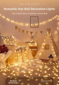 Cozy indoor tent setting with warm white LED star, snowflake, and globe string lights
