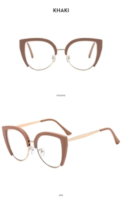 Detailed front and side view of khaki cat eye glasses frames with metal temples