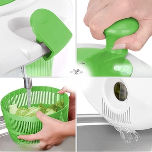Detail of vegetable salad spinner with large bowl capacity and easy spin handle