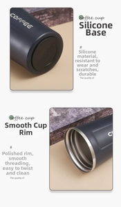 Detail of vacuum insulated coffee mug showing silicone anti-slip base and polished rim