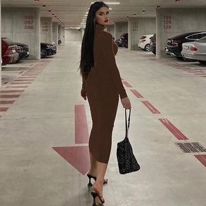 Detailed view of brown long sleeve knitted bodycon midi dress with a high neckline