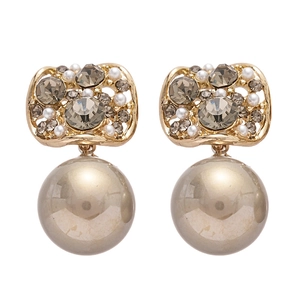 Vintage gold geometric earrings with grey rhinestones and large champagne pearls