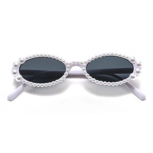 Elegant white oval sunglasses with pearl-encrusted frames and dark gray lenses for women
