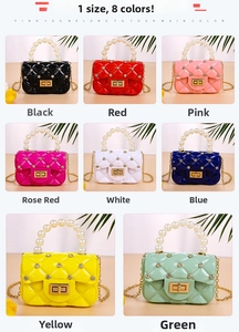 Quilted jelly handbag collection in eight vibrant colors with pearl handles and chain straps