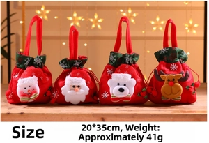 Detailed view of four velvet Christmas gift bags with 3D Santa and snowman characters