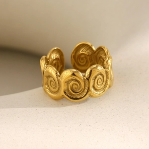 Vintage 18K gold plated stainless steel spiral open ring with textured conch design