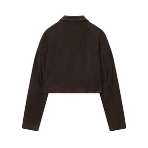 Women's dark brown faux suede jacket with long tassels on sleeves and back