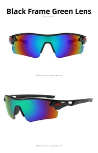 Detailed views of cycling sunglasses with black frame and colorful green mirror lenses