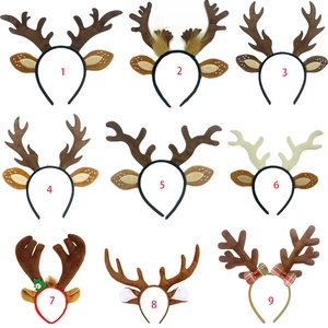 Detail showing nine styles of reindeer antler headbands with plush ears and bows