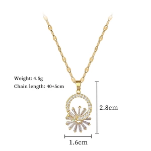 Detail view of flower-shaped pendant with dimensions and chain length measurements