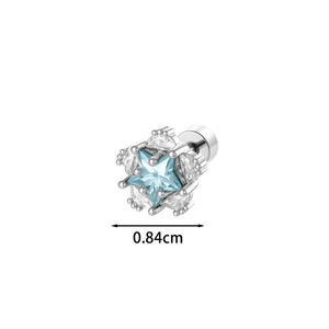 Minimalist double layer star surgical steel stud earrings with blue gemstone centerpiece