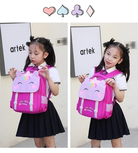 Detailed view of kids pink unicorn backpack with 3D ears and horn for school girls