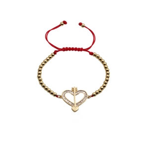 Red braided rope bracelet with gold-plated heart and arrow charm inlaid with zircon