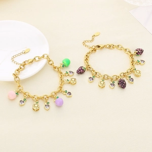 Gold stainless steel fruit charm bracelet with strawberry and lemon zircon pendants