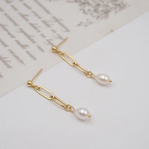 Vintage chain pearl earrings with gold oval links and white pear-shaped drop pearls