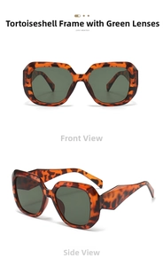 Detail view of tortoiseshell square sunglasses with green lenses from front and side angles
