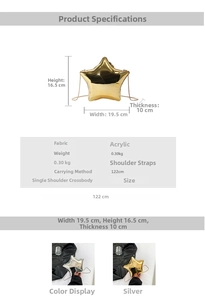 Detailed size specifications of the star-shaped acrylic evening bag with crossbody chain