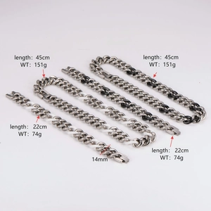 Hip hop 14mm stainless steel Cuban chain necklace and bracelet set in silver and black