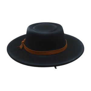 Close-up of the vintage brown leather band and metal buckle detail on a black wool fedora