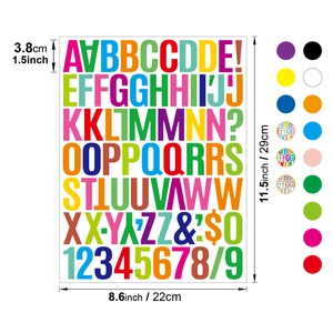 Detailed size chart showing 1.5-inch vinyl alphabet stickers with dimensions and colors