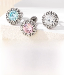 Detail of 0.8x6mm titanium steel ear studs with colorful round cubic zirconia stones