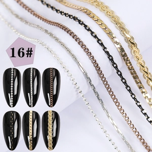 Detail of six assorted nail art metal chains including gold and silver beaded textures