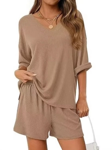 Women Casual Solid Color Short Sleeve T Shirt And Shorts Two Piece Set V Neck Ribbed Knit Pullover Top And Bottom Outfit