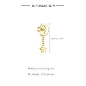 Detailed view of 1.85cm gold moon star earring in 925 sterling silver with specs